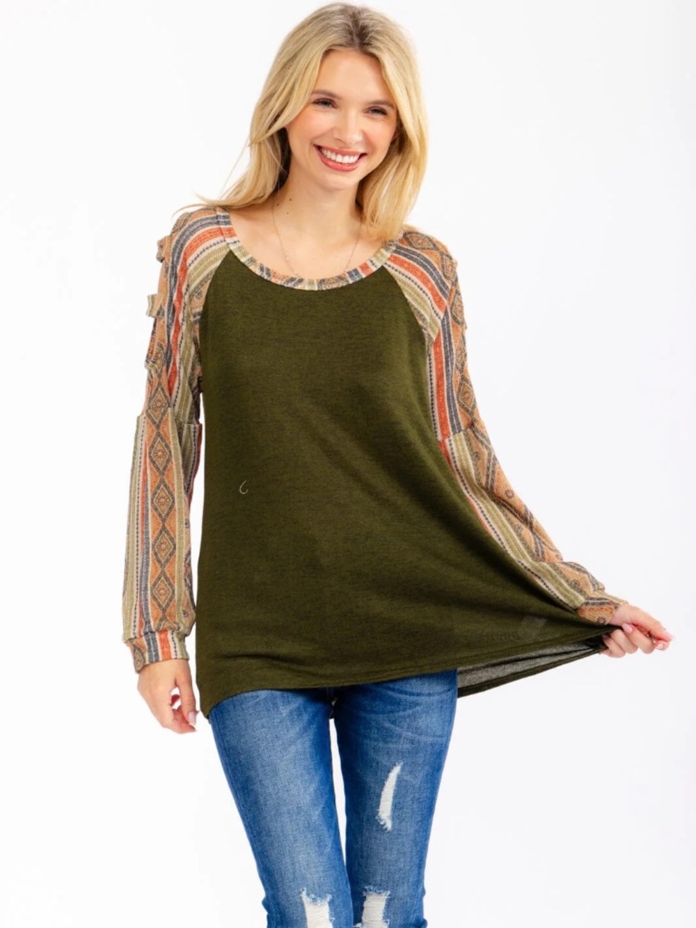 "Twenty Second" Women's Long Sleeve Cut Out Contrast Top - Picture 2 of 10
